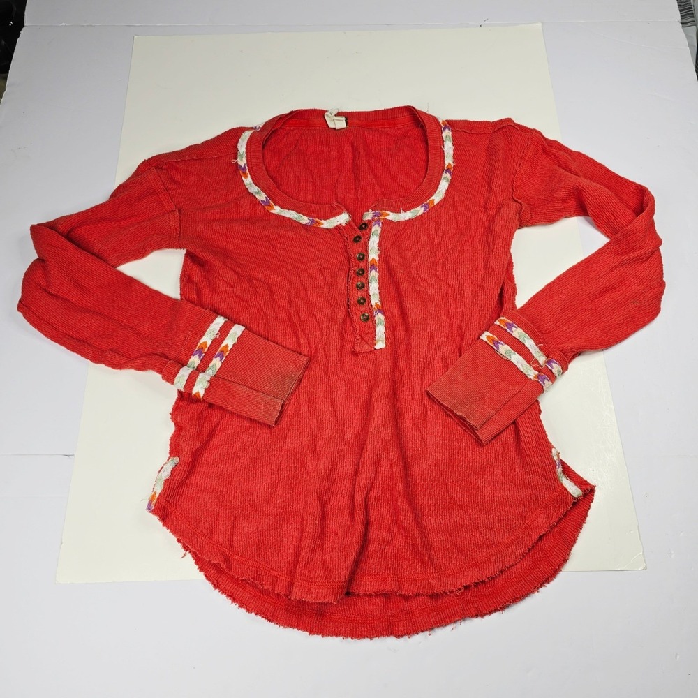 We The Free Thermal Top XS Red Boho Braided Trim Long Sleeve Casual Blouse